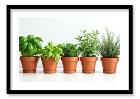 Variety of fresh green herbs growing in clay pots. Includes basil, thyme, rosemary, arranged in row against white background. Perfect for culinary projects, home decor, wellness concepts kitchen