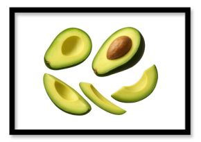 Fresh ripe avocado halves and slices isolated on a transparent background view