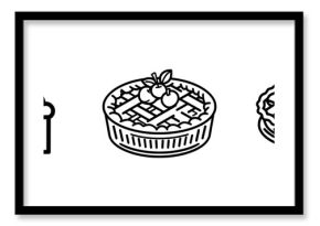 The modern icon outline of an apple pie dessert is depicted in a line style design on a white background, along with fruit cake and cute pastry