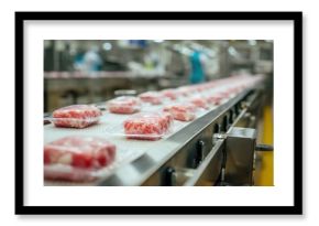 Food production facility for packaged meat items on a conveyor