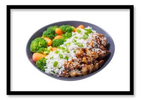 plate of  teriyaki chicken, rice and broccoli isolated on transparent background