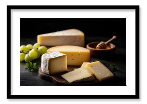 Delicious selection of gourmet cheeses accompanied by honey and fresh grapes on a dark background