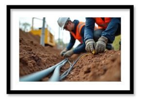 Workers in safety gear dig trench for fiber optic cable installation. Men install cables, using trench machine. Detailed view of the process, cables, ground, dirt and construction.