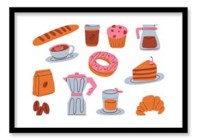 Flat Food And Coffee Icon Illustration. A charming set of flat style food and coffee illustrations including croissant donut espresso coffee maker cake muffin. Perfect for menus and cozy cafe graphics