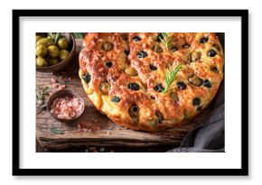 Traditional focaccia with olive oil and olives.