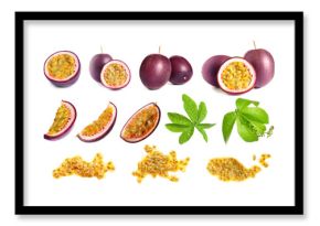 Passion fruits and green leaves isolated on white, set