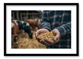 Farmer feeds cows with a blend of organic corn and wheat in the barn