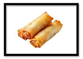 Crispy golden spring rolls with flaky texture shown isolated on white transparent background, representing Asian cuisine snack concept