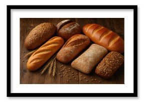Variety of bread and ciabatta displayed on a wooden surface