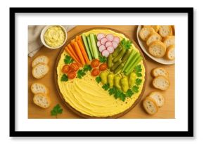 Hearty vegetarian cheese platter featuring fresh and pickled vegetables with sliced bread for a gathering