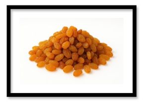 Pile of dried grapes against a white backdrop