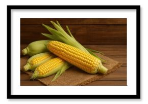 Fresh Organic Sweet Corn on the Cob with Natural Vegetables on Rustic Background