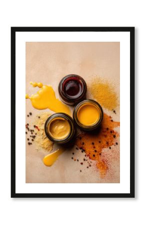 Assorted gourmet sauces in glass jars with splashes and powdered spices on beige background — flavorful condiment flat lay for culinary design and food styling projects
