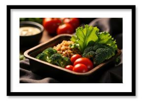 Fresh broccoli, cherry tomatoes, and lettuce arranged in a black tray for healthy eating