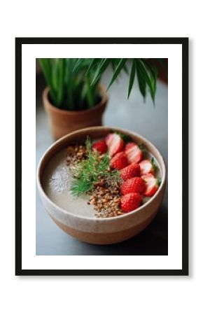 Creamy smoothie bowl with strawberries, granola, and fresh dill garnish