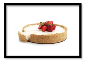 Tasty cheesecake with strawberries and mint isolated on white