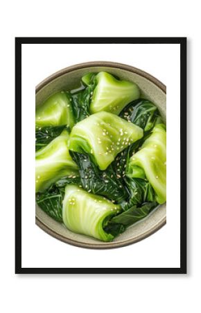 Fresh cooked pak choi cabbage in a bowl isolated on transparent background, top view