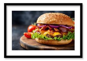 Delicious handcrafted cheeseburger with crispy bacon fresh vegetables and sauce on dark background.