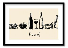Minimalist Hand Drawn Food Illustration Featuring Wine Basket and Bottle.