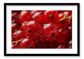 Macro photograph showcasing the glistening texture of fresh red currants coated in water droplets