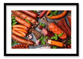 Different types of tasty sausages on grey table, flat lay