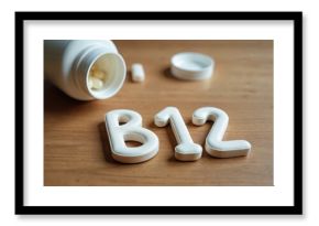 B12 vitamin pills in capsules, bottle with pills on wooden background. Food supplement, dietary nutrition, healthy lifestyle, wellness, treatment of deficiencies, for brain, blood, energy.