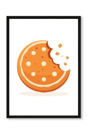 Cartoon bitten cookie with frosting and white dots on a black background delicious dessert snack with crumbs vector illustration