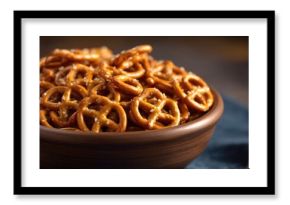 Close up of a bowl filled with tiny circular pretzels