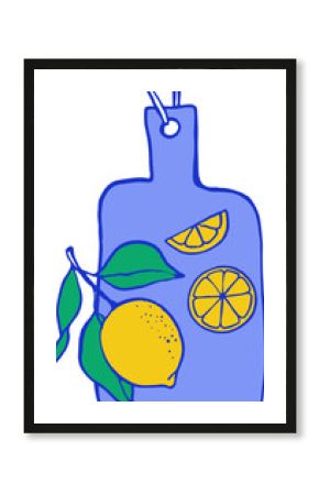 Cutting board with lemons vintage illustration