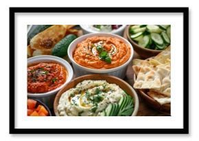 A variety of homemade dips including hummus roasted red pepper spread and spinach artichoke dip served with crunchy pita chips and fresh vegetables for dipping.