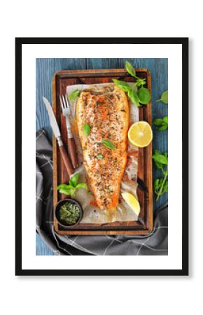 grilled salmon fillets with skin-on, top view