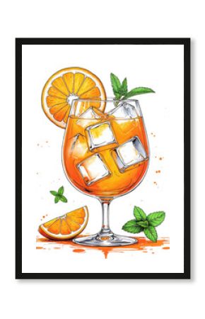 Vibrant aperol spritz illustration with ice cubes and refreshing orange garnish delighting the