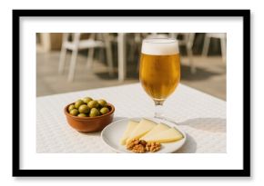 Enjoying a midday meal with a chilled beverage at an open-air cafe, featuring a tapas platter with green olives, Manchego cheese, and nuts
