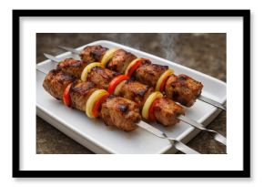 Barbecue featuring skewered meat with vegetables on a serving tray
