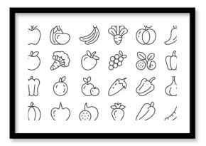 Collection of hand drawn fruit and vegetable icons in black and white
