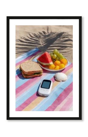 Portable glucose meter, sandwich and fruits on beach towel for diabetic summer vacation