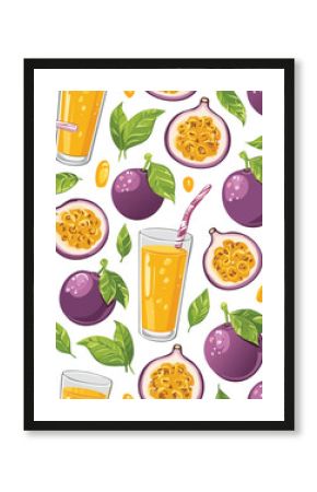 Passion Fruit Juice Vector Illustration with Seamless Pattern Design