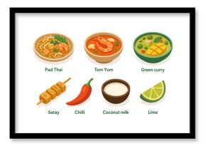 Traditional thai cuisine dishes and ingredients with pad thai and tom yum