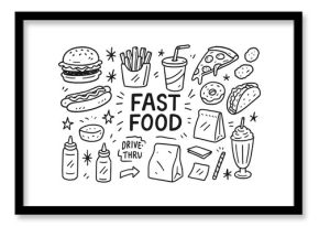 Doodle fast food icons featuring pizza, burgers, and soda