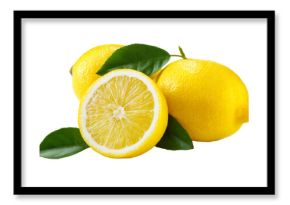 Fresh lemons with green leaves on transparent background
