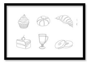 Line art cakes. Food dessert bakery for cafe, outline coffee and pancakes. Sweet bake sketch, minimalistic tea drink for menu. Croissant, sweet muffin and donut. Vector isolated icons