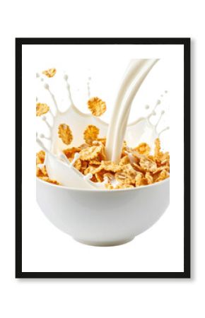 A white bowl filled with cornflakes with milk splashing and pouring into the cereal isolated on transparent background. PNG die-cut for advertising