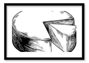 Round cheese wheel illustration with a slice cut out in black and white sketch. Vector illustration