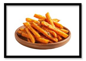 Kumara sweet potato fries with black pepper and herbs on wooden plate, isolated on white transparent background, concept of New Zealand fast food snack