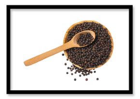 Wooden spoon resting on black peppercorns in bowl with transparent background
