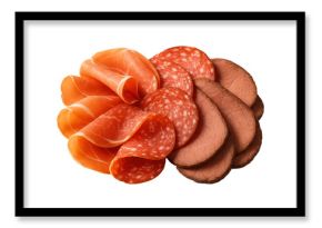 A variety of cold cuts including slices of salami, ham, and prosciutto arranged elegantly, on transparent background.