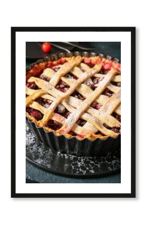 Baking dish with tasty cherry pie, closeup