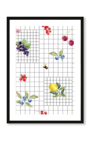 Seamless Watercolor Berry Pattern on Geometric Grid, Hand Painted Fruit and Floral Design with Lemons, Cherries, Blueberries, and Bees Modern Botanical Background for Fabric, Wallpaper, Packaging