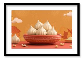 Illustration of Modaks on a plate on decorated background - Happy Ganesh Chathurthi