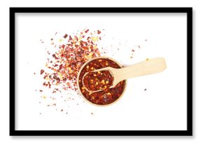  Spicy chili red pepper flakes, chopped, milled dry paprika pile in wooden sppon isolated on white, top view 